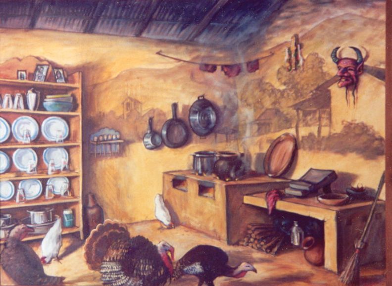 La Cocina de Tomasa, Ocumicho, Michoacán — painting by Neil H. Cronk